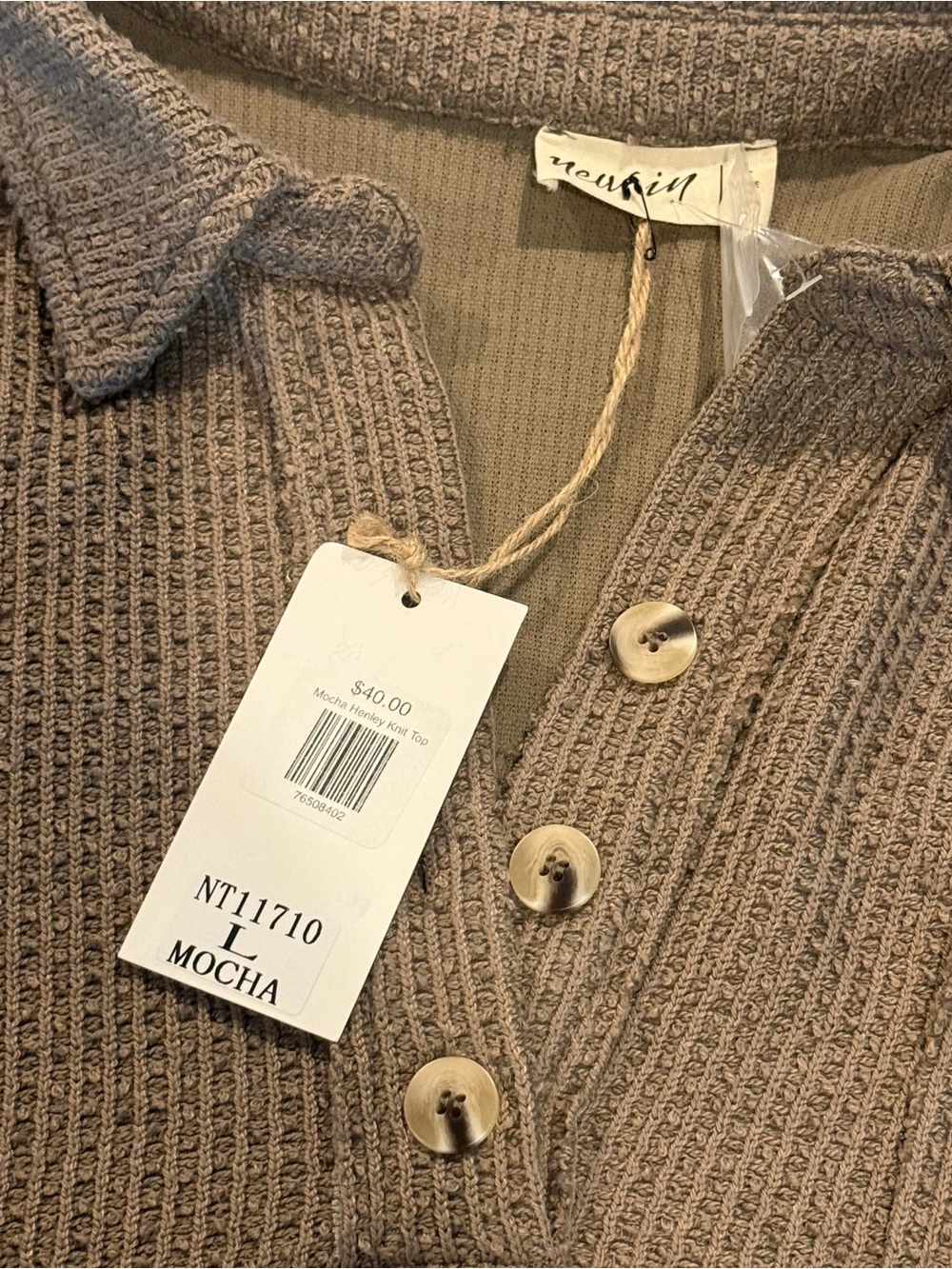 Waffle Knit Long Sleeve Polo - Brown large - Picture 2 of 4